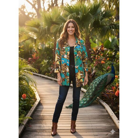 Richard Malcolm Women's 1X Linen Artsy Maximalist Boho Eclectic Peacock Jacket - Picture 2 of 11